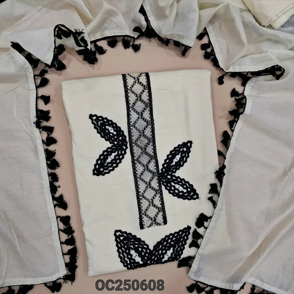 Half white liquid fabric unstitched salwar material, real mirror, lace floral design on front (Lining Needed) matching bottom, soft silk cotton dupatta with crochet work and tapings. OC250608