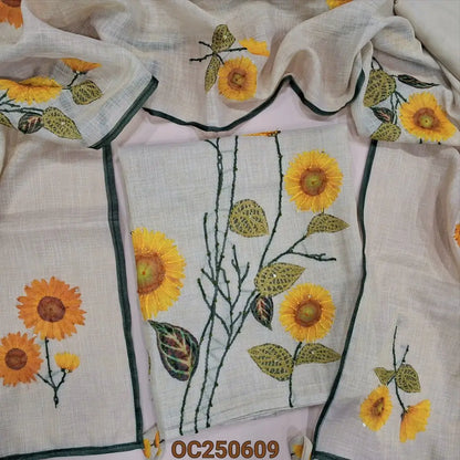 Beige with golden tint issue linen unstitched salwar material, digital prints highlighted with hand embroidery detailing (Textured, Lining Needed) Matching santoon bottom, digital printed dupatta with hand embroidery work. OC250609
