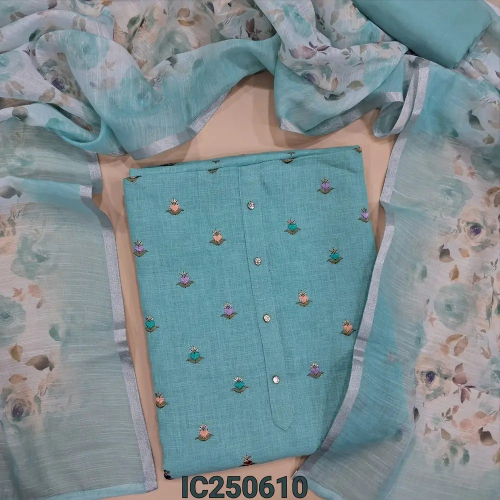 Pastel Blue linen unstitched salwar material, embroidered buttas on front, (Lining Needed) Matching santoon bottom, floral printed semi-linen dupatta. OC250610