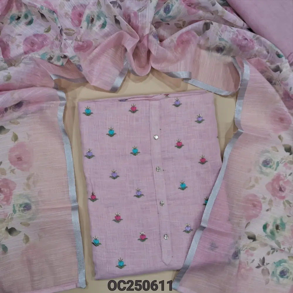 Pastel pink linen unstitched salwar material, embroidered buttas on front, (Lining Needed) Matching santoon bottom, floral printed semi-linen dupatta. OC250611