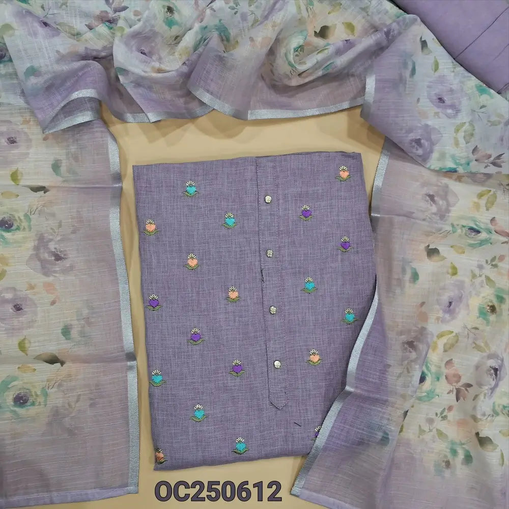 Lavender semi linen unstitched salwar material, embroidered buttas on front, (Lining Needed) Matching santoon bottom, floral printed semi-linen dupatta. OC250612
