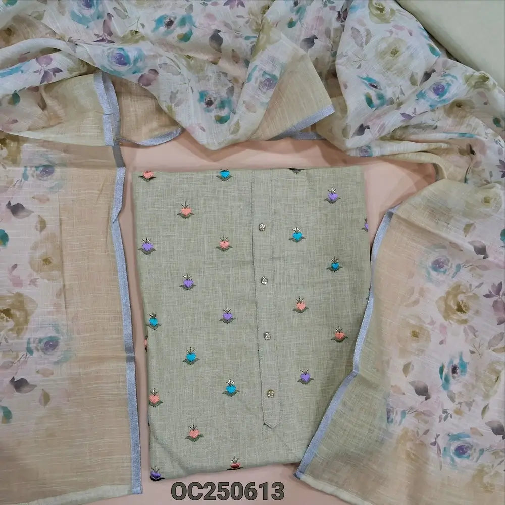Pale green semi linen unstitched salwar material, embroidered buttas on front, (Lining Needed) Matching santoon bottom, floral printed semi-linen dupatta. OC250613