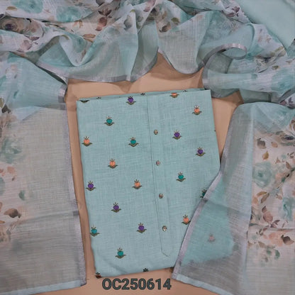 Pale blue semi linen unstitched salwar material, embroidered buttas on front, (Lining Needed) Matching santoon bottom, floral printed semi-linen dupatta. OC250614