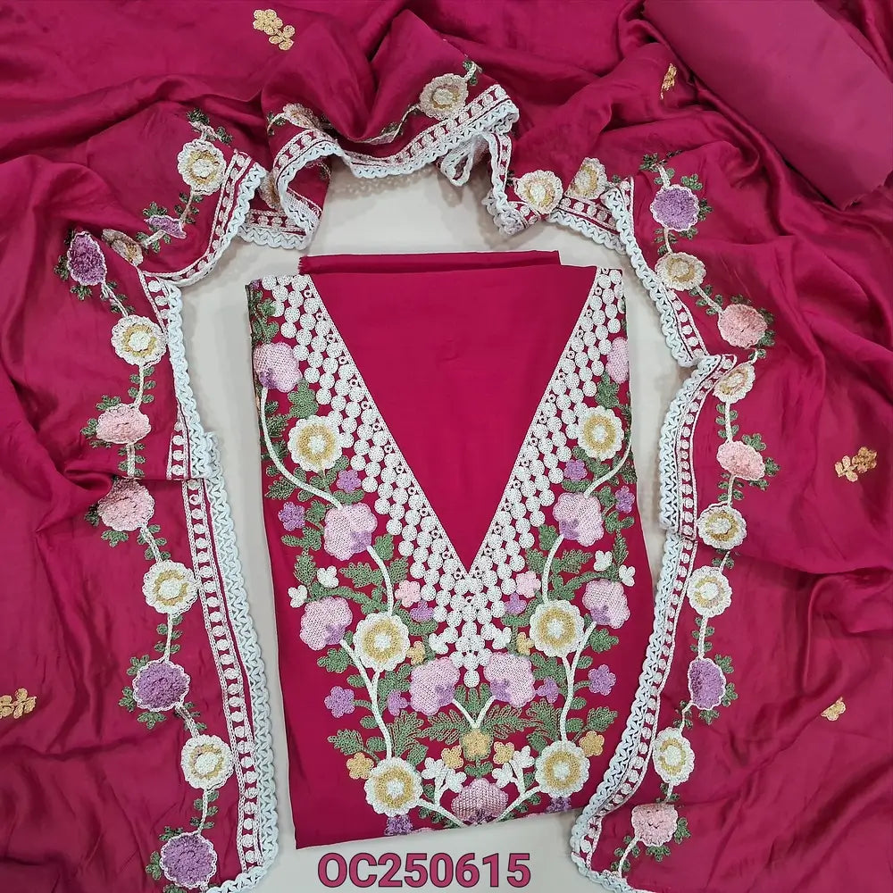 Pink silk cotton unstitched salwar material, V neckline with heavy embroidery work (Lining Optional) Matching silky bottom, fancy soft silk cotton dupatta with embroidery work and lace tapings. OC250615