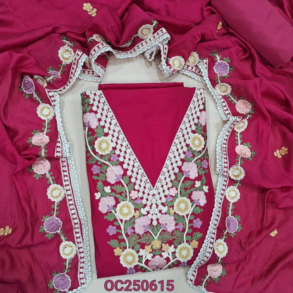 Pink silk cotton unstitched salwar material, V neckline with heavy embroidery work (Lining Optional) Matching silky bottom, fancy soft silk cotton dupatta with embroidery work and lace tapings. OC250615