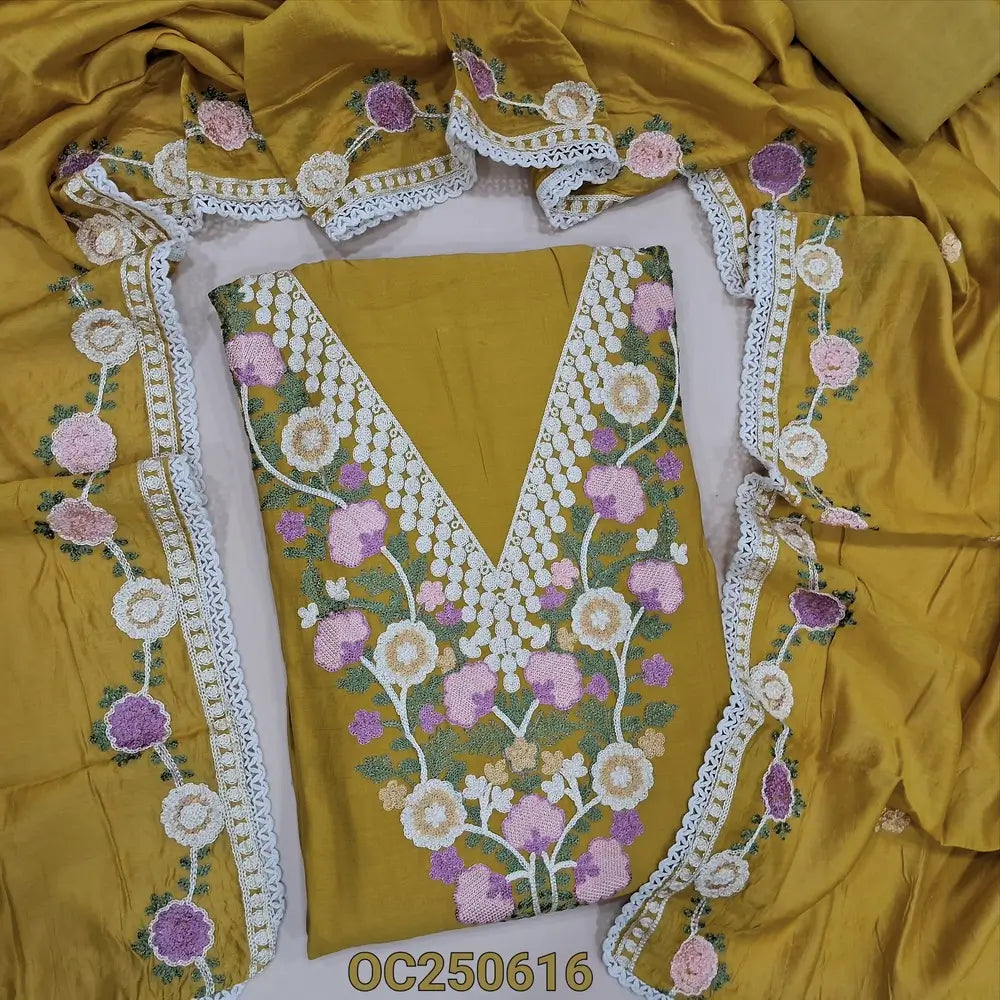 Mehandi yellow silk cotton unstitched salwar material, V neckline with heavy embroidery work (Lining Optional) Matching silky bottom, fancy soft silk cotton dupatta with embroidery work and lace tapings. OC250616