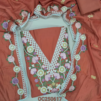Dark peach silk cotton unstitched salwar material, V neckline with heavy embroidery work (Lining Optional) Matching silky bottom, fancy soft silk cotton dupatta with embroidery work and lace tapings. OC250617
