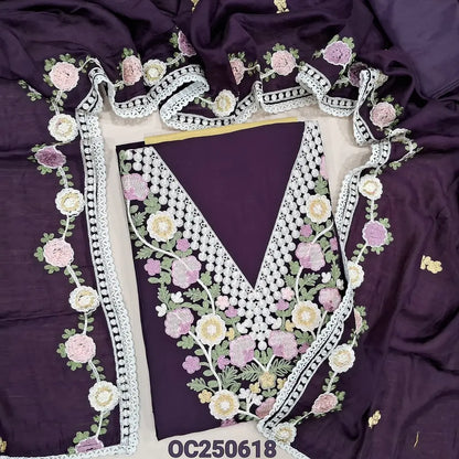 Deep wine purple silk cotton unstitched salwar material, V neckline with heavy embroidery work (Lining Optional) Matching silky bottom, fancy soft silk cotton dupatta with embroidery work and lace tapings. OC250618