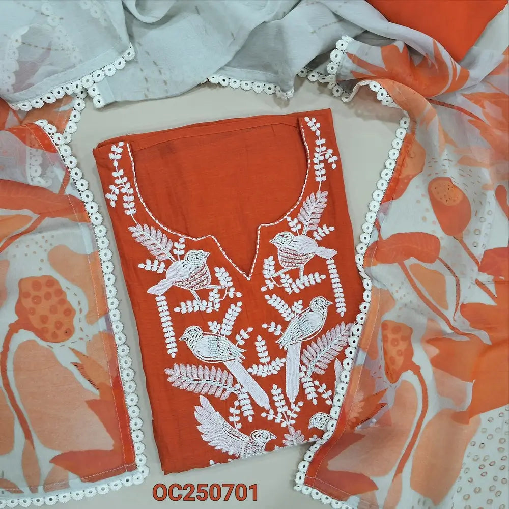 Orange pure mul chanderi unstitched salwar material, embroidery and bead wokr on yoke (Thin, Lightweight, Lining Needed) matching santoon bottom, digital printed pure organza short dupatta. OC250701