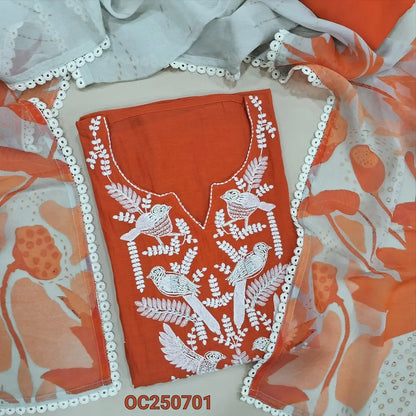 Orange pure mul chanderi unstitched salwar material, embroidery and bead wokr on yoke (Thin, Lightweight, Lining Needed) matching santoon bottom, digital printed pure organza short dupatta. OC250701