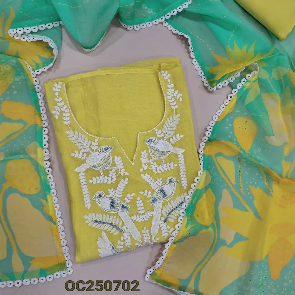 Bright yellow pure mul chanderi unstitched salwar material, embroidery and bead wokr on yoke (Thin, Lightweight, Lining Needed) matching santoon bottom, digital printed pure organza short dupatta. OC250702