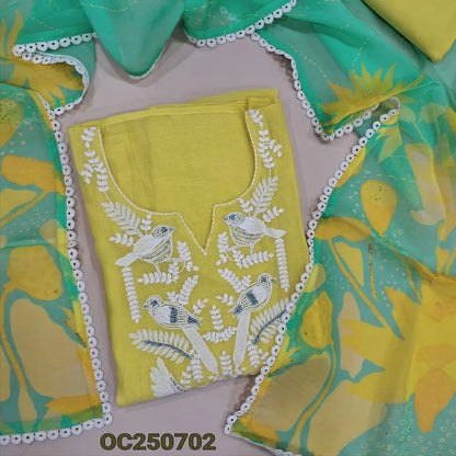 Bright yellow pure mul chanderi unstitched salwar material, embroidery and bead wokr on yoke (Thin, Lightweight, Lining Needed) matching santoon bottom, digital printed pure organza short dupatta. OC250702