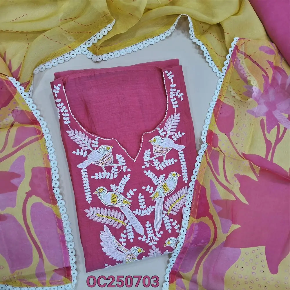 Pink pure mul chanderi unstitched salwar material, embroidery and bead wokr on yoke (Thin, Lightweight, Lining Needed) matching santoon bottom, digital printed pure organza short dupatta. OC250703