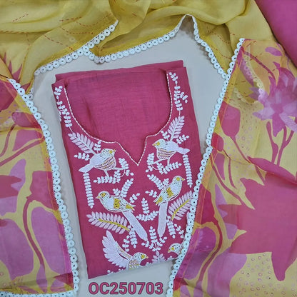 Pink pure mul chanderi unstitched salwar material, embroidery and bead wokr on yoke (Thin, Lightweight, Lining Needed) matching santoon bottom, digital printed pure organza short dupatta. OC250703