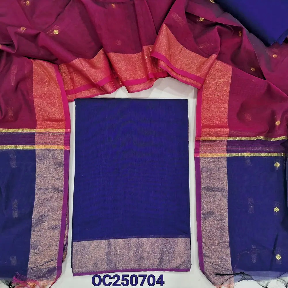 Royal Blue and pink silk cotton unstitched salwar material, gold tissue daman border (Lightweight, Thin, Lining Needed) matching silk cotton bottom, dual shaded silk cotton dupatta with zari woven buttas and borders. OC250704