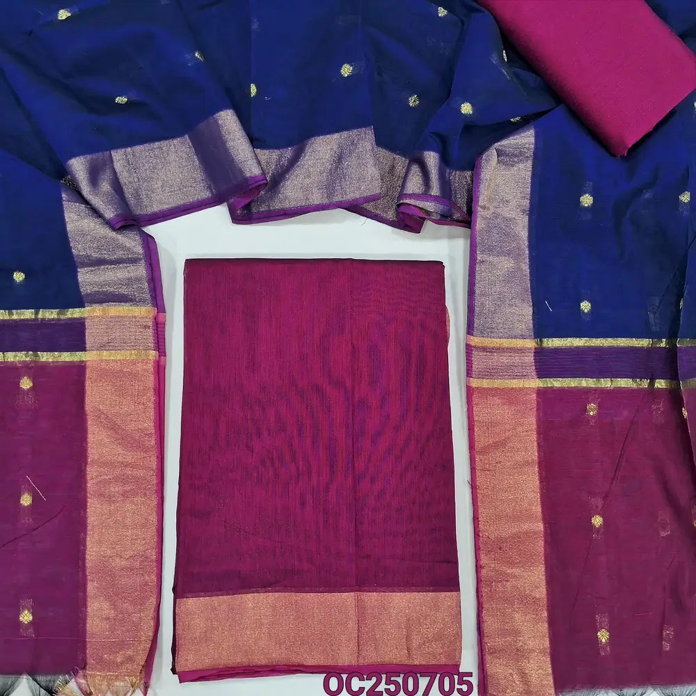 Pink and royal blue silk cotton unstitched salwar material, gold tissue daman border (Lightweight, Thin, Lining Needed) matching silk cotton bottom, dual shaded silk cotton dupatta with zari woven buttas and borders. OC250705