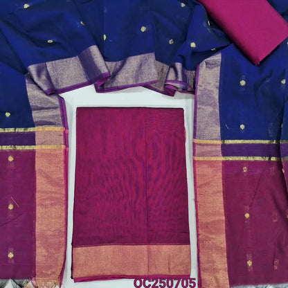 Pink and royal blue silk cotton unstitched salwar material, gold tissue daman border (Lightweight, Thin, Lining Needed) matching silk cotton bottom, dual shaded silk cotton dupatta with zari woven buttas and borders. OC250705