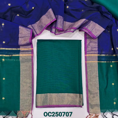 Teal green and royal blue silk cotton unstitched salwar material, gold tissue daman border (Lightweight, Thin, Lining Needed) matching silk cotton bottom, dual shaded silk cotton dupatta with zari woven buttas and borders. OC250707