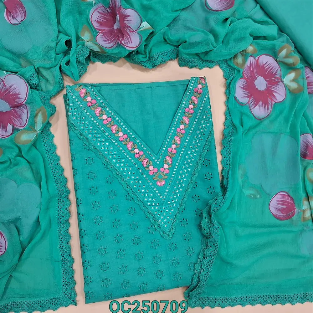 Turquoise green schiffli embroidered soft cotton unstitched salwar material, Embroidery work on V neckline (Thin, Lining Needed) matching cotton bottom, brush painted fancy chiffon dupatta with lace tapings. OC250709