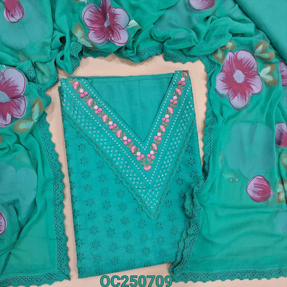 Turquoise green schiffli embroidered soft cotton unstitched salwar material, Embroidery work on V neckline (Thin, Lining Needed) matching cotton bottom, brush painted fancy chiffon dupatta with lace tapings. OC250709