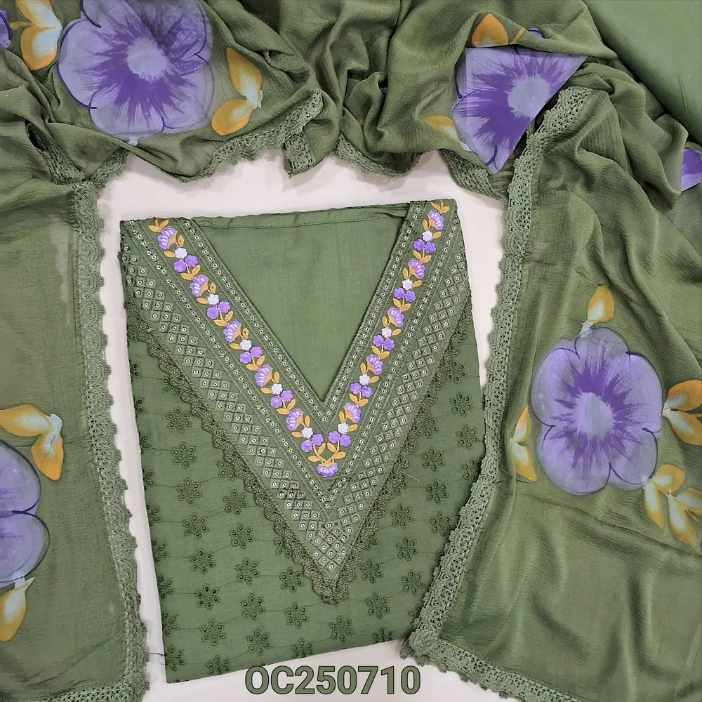 OLive green schiffli embroidered soft cotton unstitched salwar material, Embroidery work on V neckline (Thin, Lining Needed) matching cotton bottom, brush painted fancy chiffon dupatta with lace tapings. OC250710