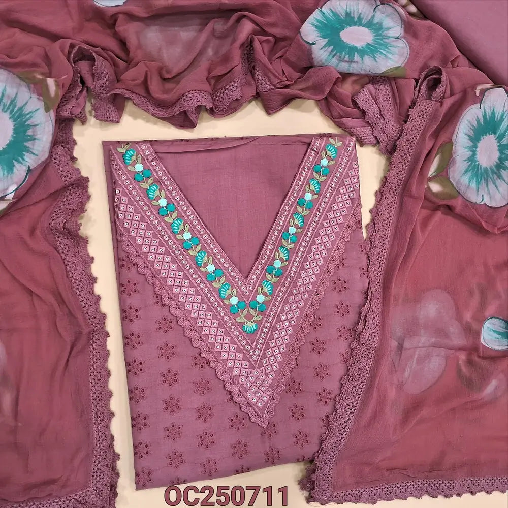 Onion pink schiffli embroidered soft cotton unstitched salwar material, Embroidery work on V neckline (Thin, Lining Needed) matching cotton bottom, brush painted fancy chiffon dupatta with lace tapings. OC250711