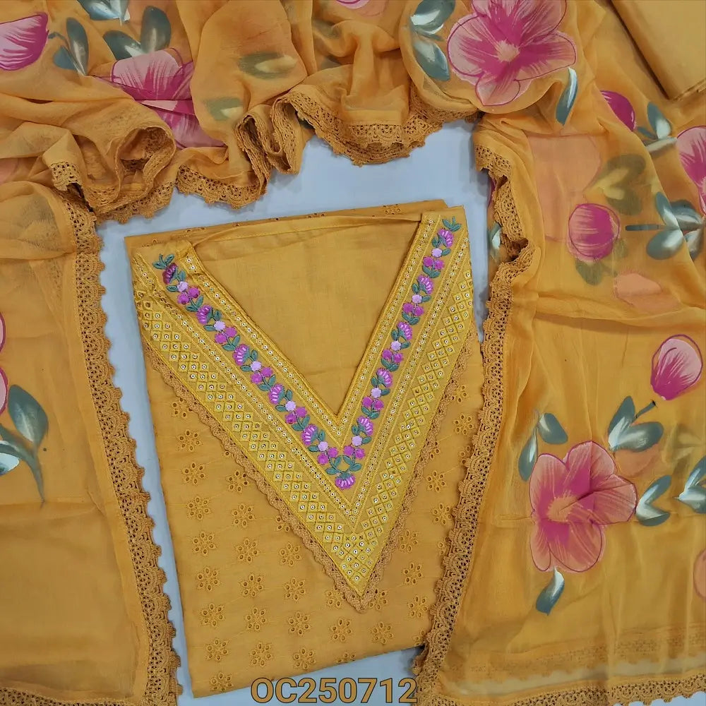 Fenugreek yellow schiffli embroidered soft cotton unstitched salwar material, Embroidery work on V neckline (Thin, Lining Needed) matching cotton bottom, brush painted fancy chiffon dupatta with lace tapings. OC250712