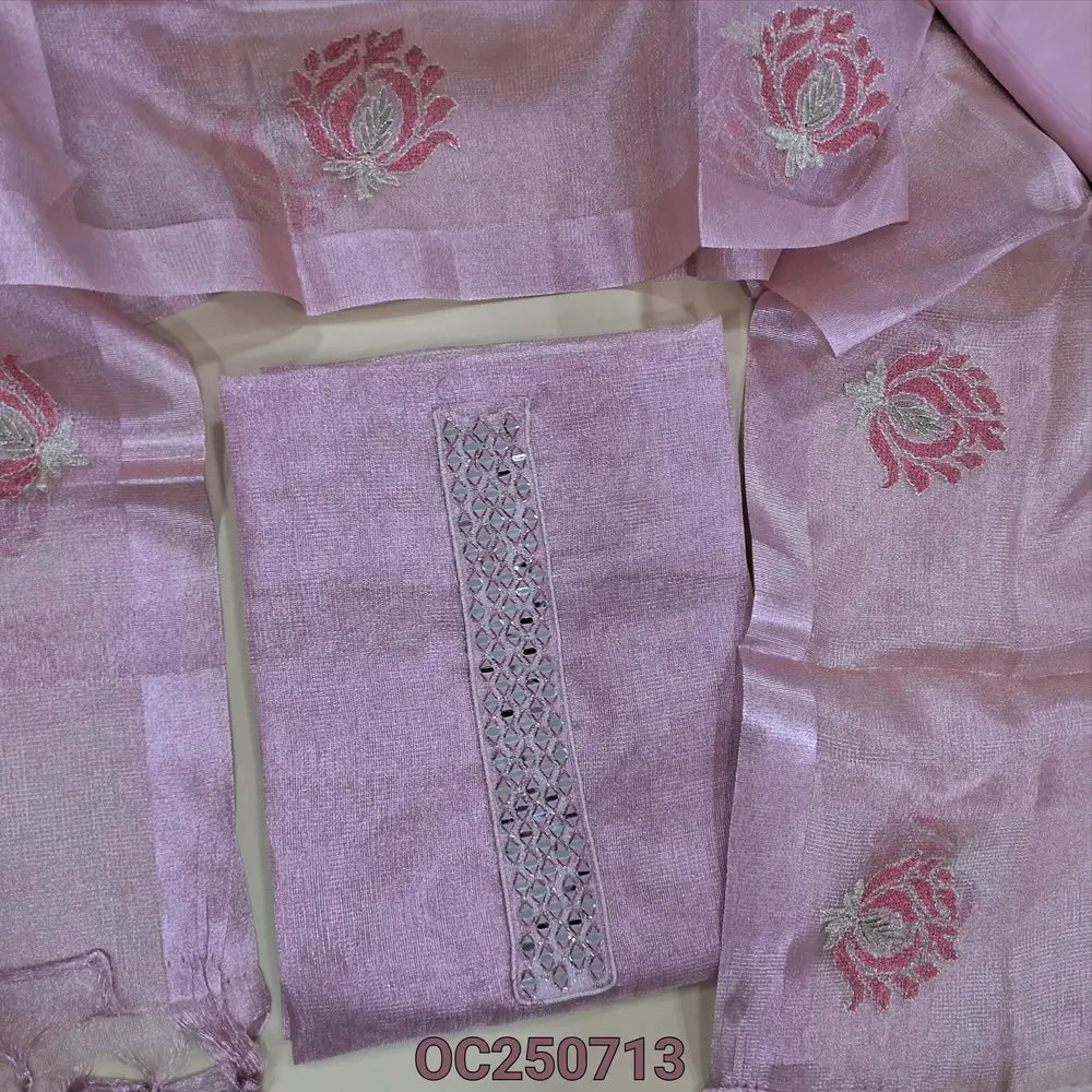 Pastel Pink premium tissue silk cotton unstitched salwar material, real mirror work on yoke(Shiny, lining needed) matching silky bottom, embroidery work on tissu silk cotton dupatta with tassels. OC250713