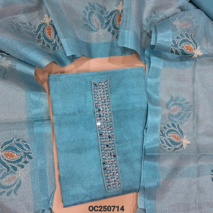 Pastel blue premium tissue silk cotton unstitched salwar material, real mirror work on yoke(Shiny, lining needed) matching silky bottom, embroidery work on tissu silk cotton dupatta with tassels. OC250714