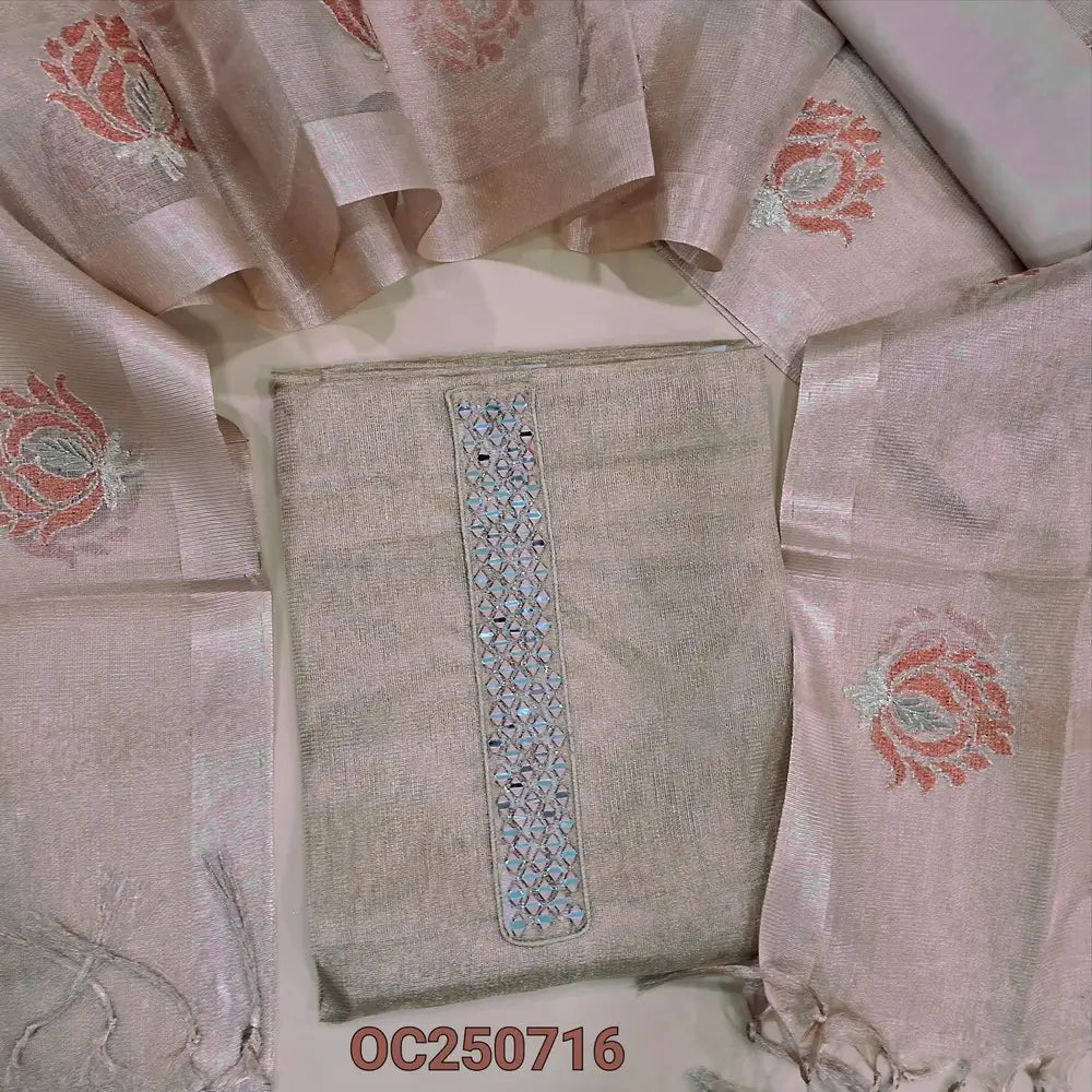 Pale peach with gold tint premium tissue silk cotton unstitched salwar material, real mirror work on yoke(Shiny, lining needed) matching silky bottom, embroidery work on tissu silk cotton dupatta with tassels. OC250716