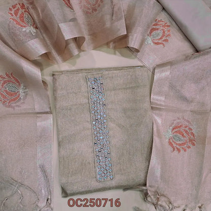 Pale peach with gold tint premium tissue silk cotton unstitched salwar material, real mirror work on yoke(Shiny, lining needed) matching silky bottom, embroidery work on tissu silk cotton dupatta with tassels. OC250716