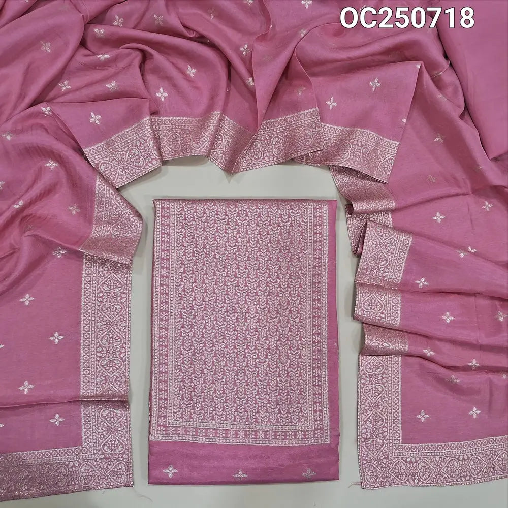 Pastel pink fancy dola silk unstitched salwar material, zari weaving on yoke and front (Silky, lining needed) matching silky bottom, fancy dola silk zari woven dupatta. OC250718