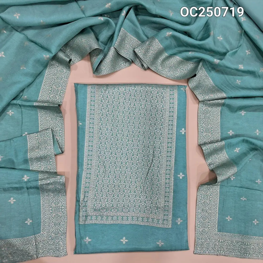 Pastel blue fancy dola silk unstitched salwar material, zari weaving on yoke and front (Silky, lining needed) matching silky bottom, fancy dola silk zari woven dupatta. OC250717