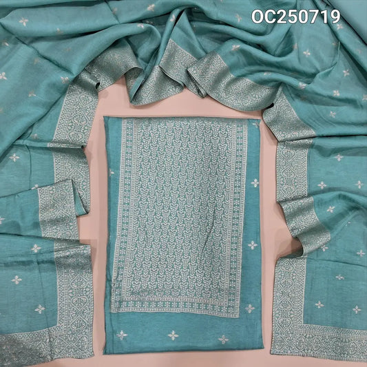 Pastel yellow silk cotton unstitched salwar material,thread buttas on front,thread weaving on yoke and daman,(Silky, Lining Needed)matching silky bottom, floral buttas on silk cotton dupatta with thread weaving pallu and borders(TAPPING NEEDED). AP262208 main image 1