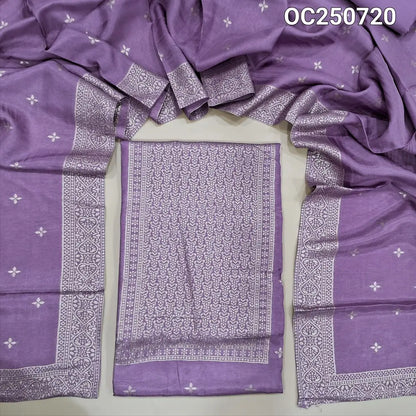 Lavender fancy dola silk unstitched salwar material, zari weaving on yoke and front (Silky, lining needed) matching silky bottom, fancy dola silk zari woven dupatta. OC250720