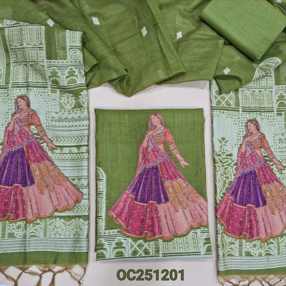 Mossy Green jamdani woven silk cotton unstitched salwar material,(thin, lining needed) heavy jamdani woven on daman, matching silk cotton bottom, heavy jamdani woven silk cotton full length dupatta. OC251201