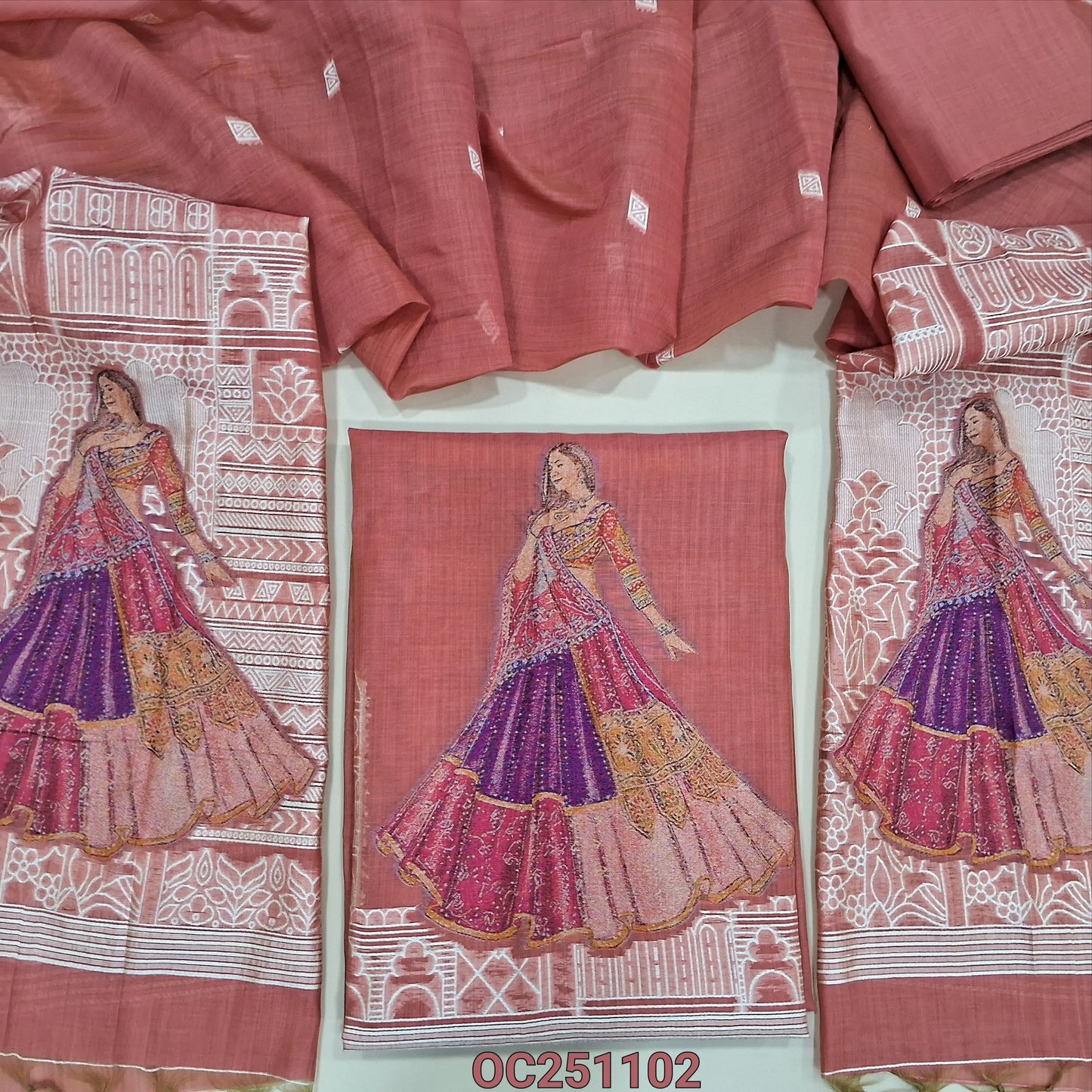 Dark peachish pink jamdani woven silk cotton unstitched salwar material,(thin, lining needed) heavy jamdani woven on daman, matching silk cotton bottom, heavy jamdani woven silk cotton full length dupatta. OC251202