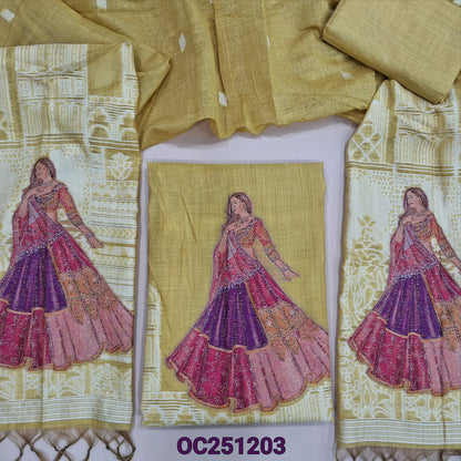 Pastel yellow jamdani woven silk cotton unstitched salwar material,(thin, lining needed) heavy jamdani woven on daman, matching silk cotton bottom, heavy jamdani woven silk cotton full length dupatta. OC251203