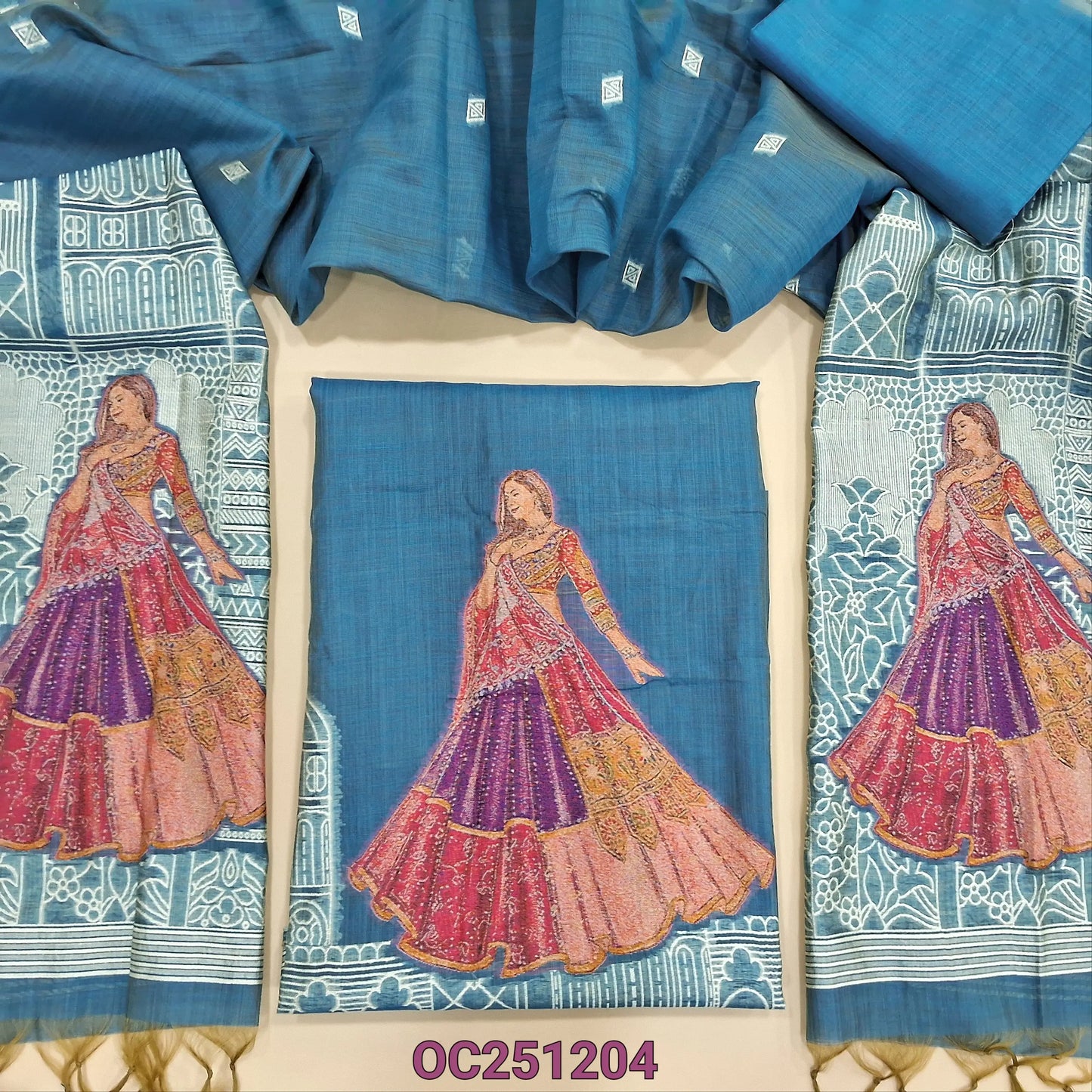 Blue jamdani woven silk cotton unstitched salwar material,(thin, lining needed) heavy jamdani woven on daman, matching silk cotton bottom, heavy jamdani woven silk cotton full length dupatta. OC251204