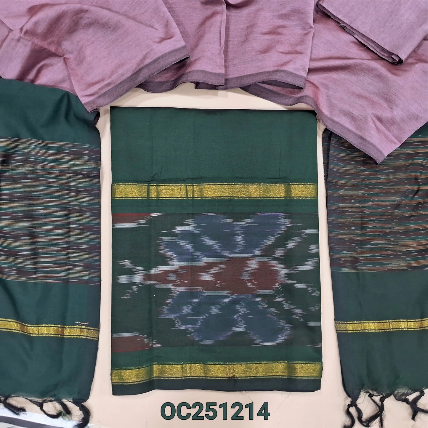 Bottle green silk cotton unstitched salwar material, thread woven design on daman(lining needed) pastel pink silk cotton bottom, dual shaded silk cotton dupatta. OC251214