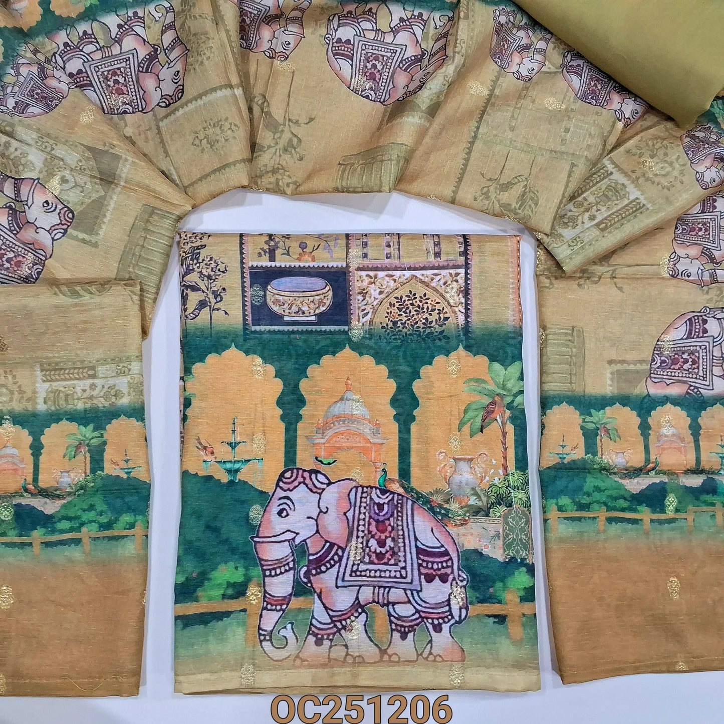 Mehandhi yellow slub silk cotton unstitched salwar material,(textured, lining needed) digital print, zari buttas all over, matching spun cotton bottom, digital print, zari buttas on slub silk cotton full length dupatta. OC251207