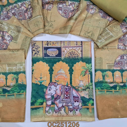Mehandhi yellow slub silk cotton unstitched salwar material,(textured, lining needed) digital print, zari buttas all over, matching spun cotton bottom, digital print, zari buttas on slub silk cotton full length dupatta. OC251207