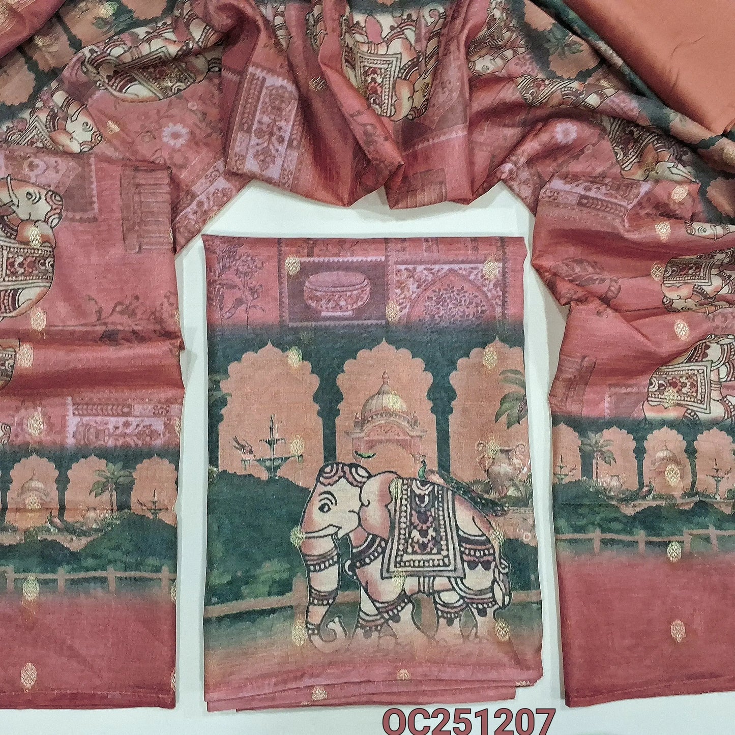 Dark peachish pink slub silk cotton unstitched salwar material,(textured, lining needed) digital print, zari buttas all over, matching spun cotton bottom, digital print, zari buttas on slub silk full length cotton dupatta. OC251206