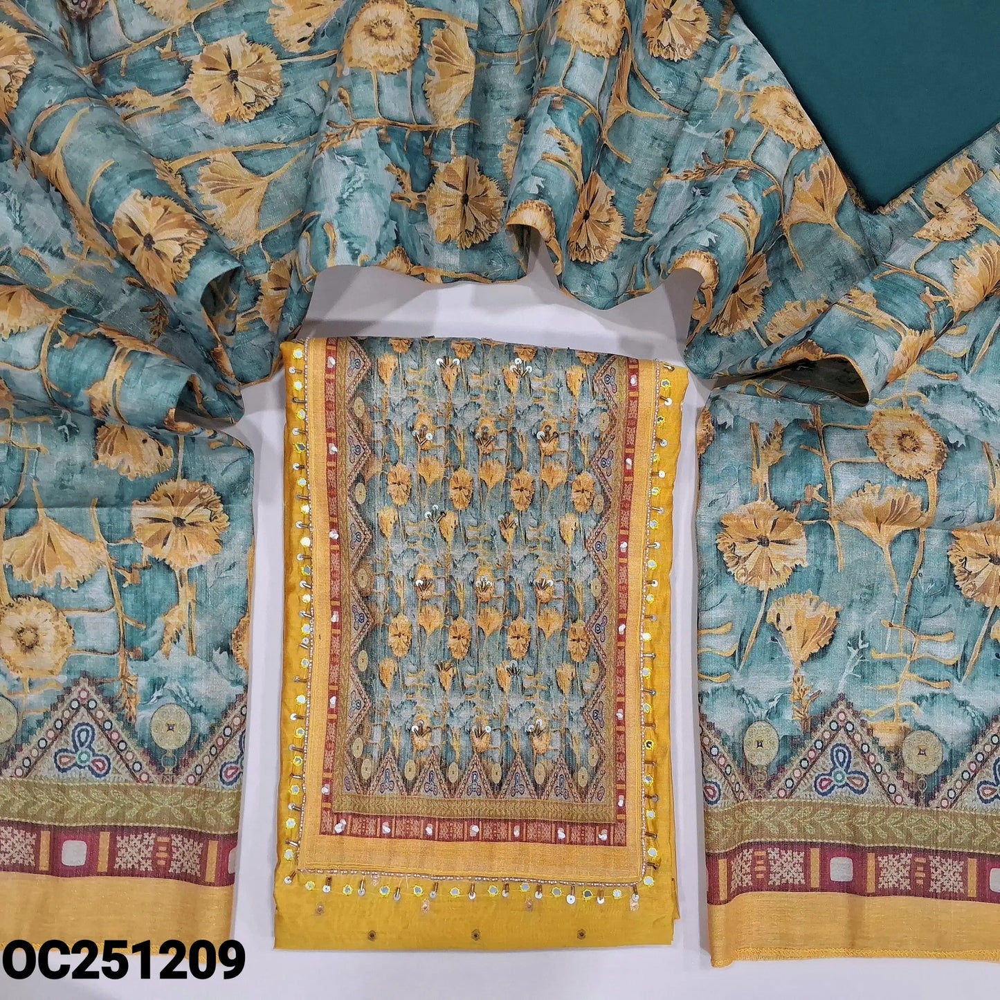 Bright mango yellow silk cotton unstitched salwar material,(thin, lining needed)digital print, cut, sugar bead work on yoke, zari buttas on front, dark green cotton bottom, digital printed tissue silk cotton dupatta. OC251209