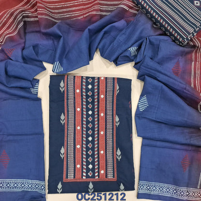 Blue premium pure soft cotton unstitched salwar material, printed all over(lining needed) fancy lace tapings on yoke, printed matching cotton bottom, block printed dual shaded mul cotton dupatta. OC251212