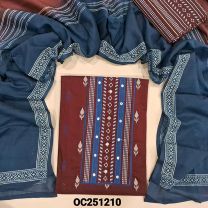 Dark Maroon premium pure soft cotton unstitched salwar material, printed all over(lining needed) fancy lace tapings on yoke, printed matching cotton bottom, block printed dual shaded mul cotton dupatta. OC251210