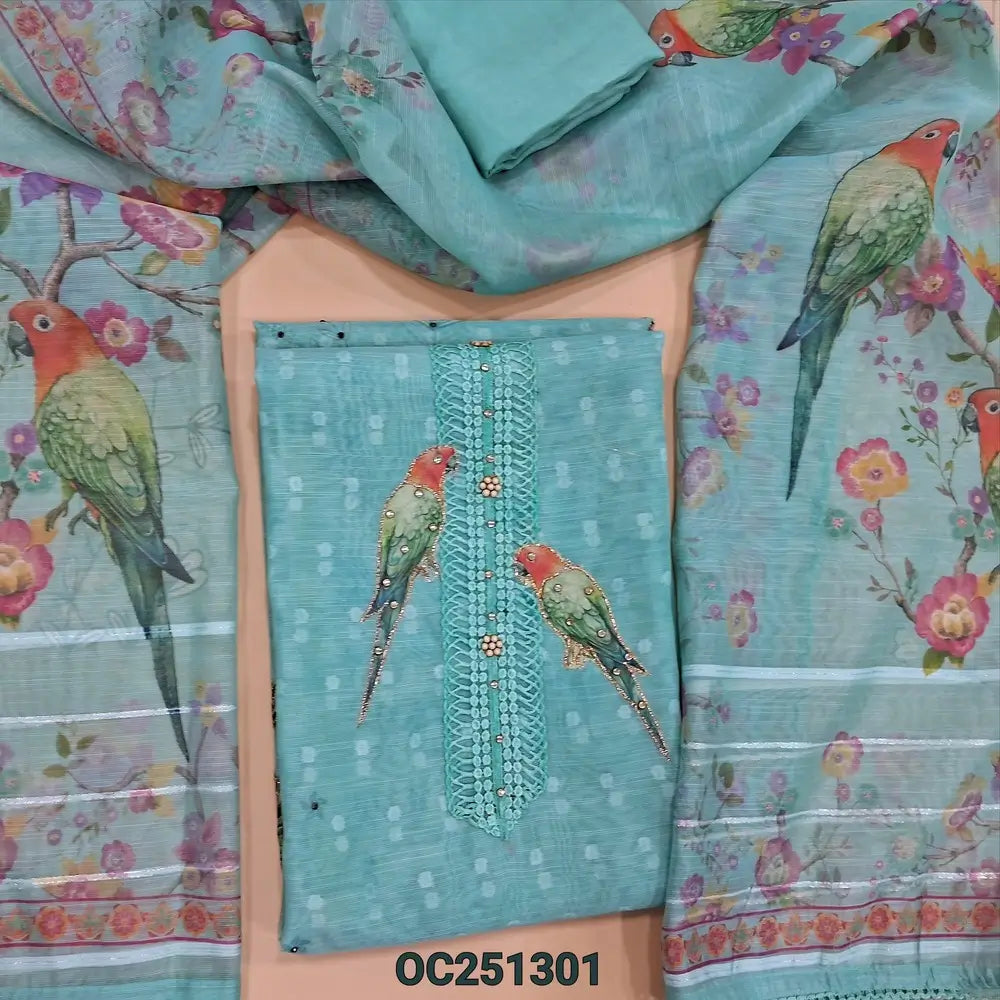 Pastel blue slub organza unstitched salwar material,(thin, lining needed) digital printed, sequence work on yoke and daman, matching santoon bottom, digital printed slub organza dupatta with lace borders. OC251301