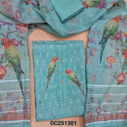 Pastel blue slub organza unstitched salwar material,(thin, lining needed) digital printed, sequence work on yoke and daman, matching santoon bottom, digital printed slub organza dupatta with lace borders. OC251301