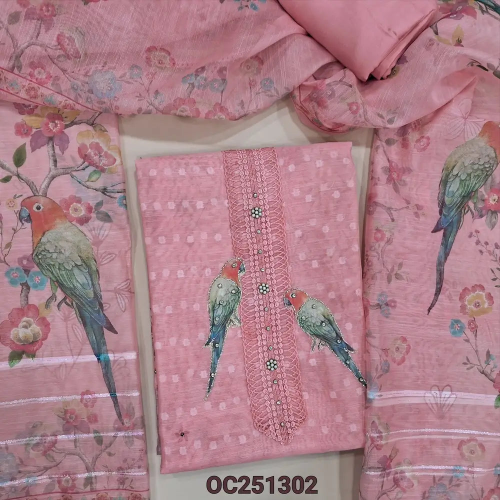 Pastel Pink slub organza unstitched salwar material,(thin, lining needed) digital printed, sequence work on yoke and daman, matching santoon bottom, digital printed slub organza dupatta with lace borders. OC251302