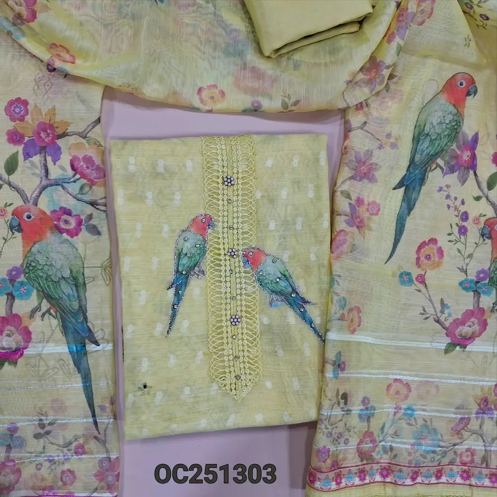 Pastel Yellow slub organza unstitched salwar material,(thin, lining needed) digital printed, sequence work on yoke and daman, matching santoon bottom, digital printed slub organza dupatta with lace borders. OC251303
